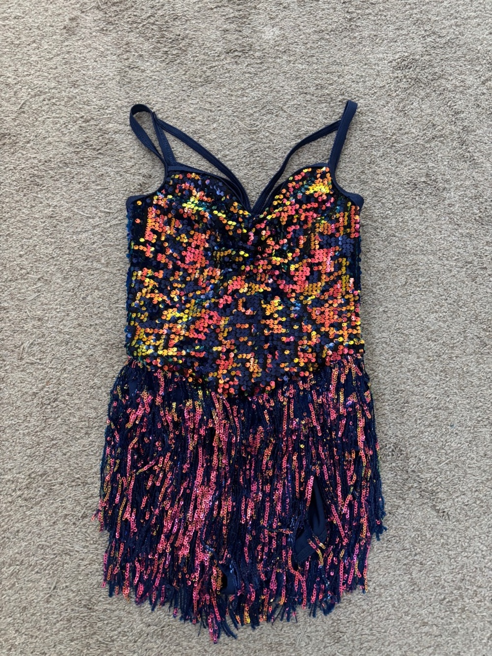 Weissman XSA navy and gold dance costume with sequins and fringe